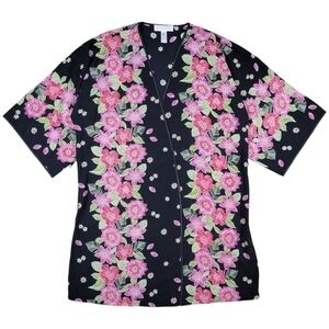 Oscar De La Renta‎ Pink Label Robe Womens Medium Black Floral Kimono Sleepwear